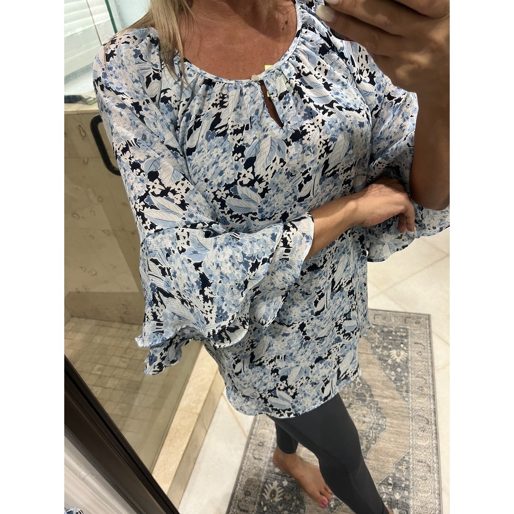 Chaps Ralph Lauren Blue Floral Chiffon Off-Shoulder Bell Sleeve Top Blouse M